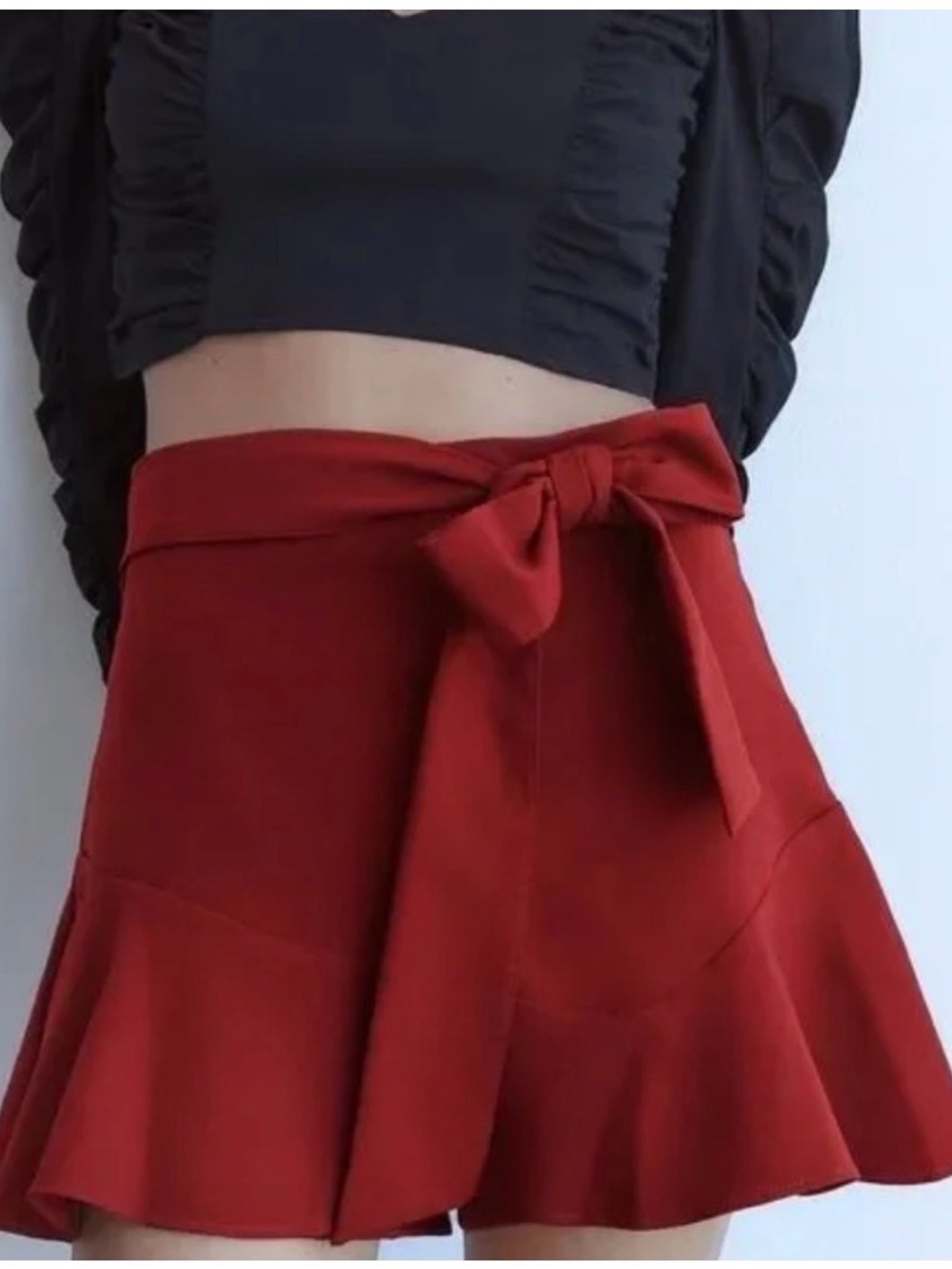 Zara Red Tie-Waist Flared Shorts